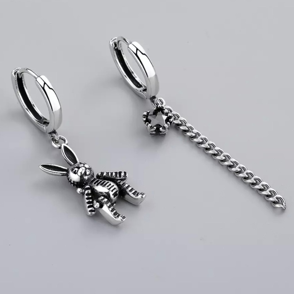 NEW 925 Sterling Silver Punk Rabbit Star Chain Huggie Earrings